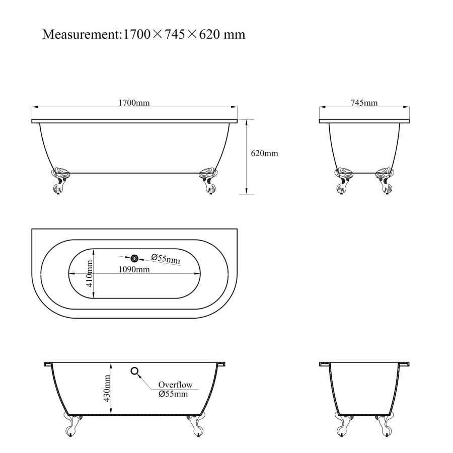 Freestanding Double Ended Back to Wall Bath with Chrome Feet 1700 x 745mm - Park Royal - Image 4