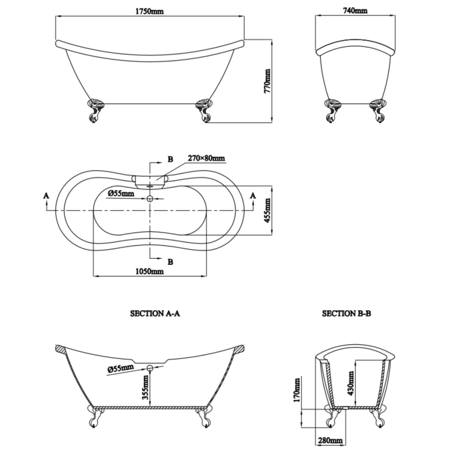 Freestanding Double Ended Roll Top Bath with White Feet 1750 x 740mm - Park Royal - Image 4