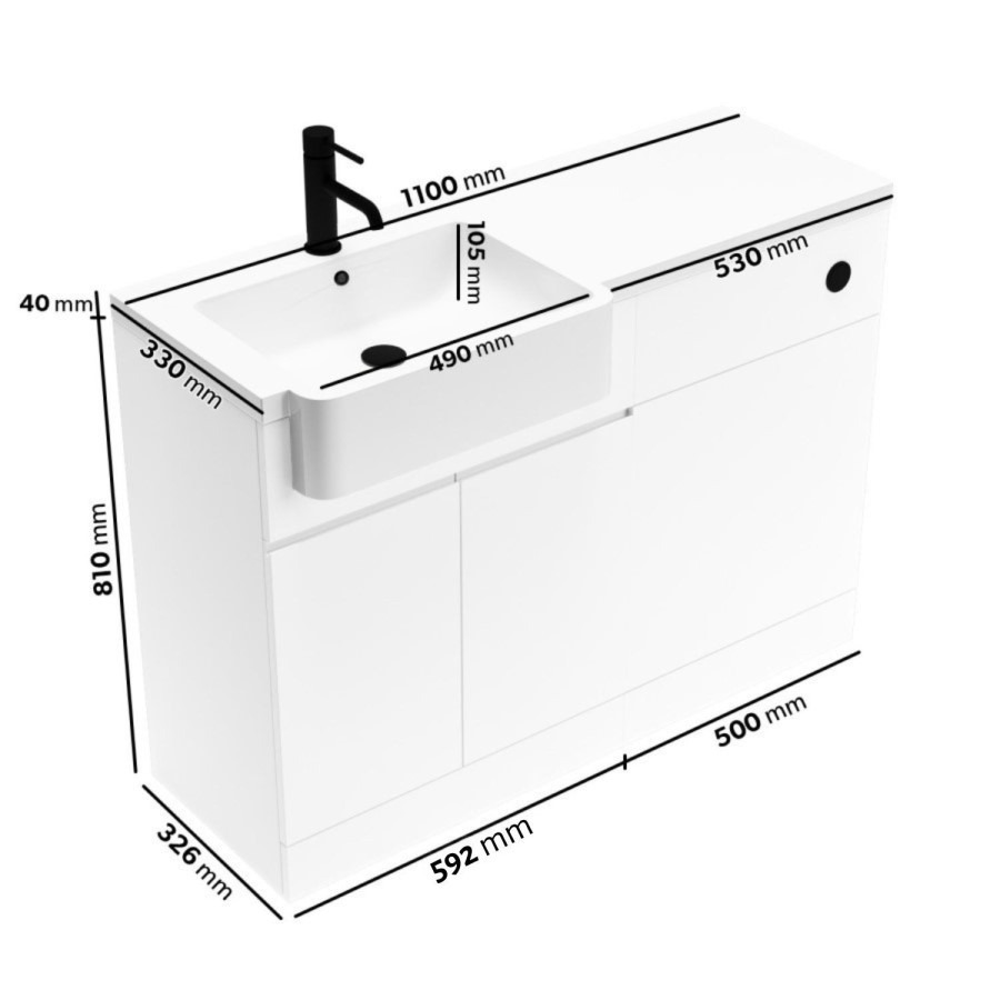 1100mm White Left Hand Toilet and Sink Unit with Black Fittings - Unit & Basin Only - Bali - Image 4