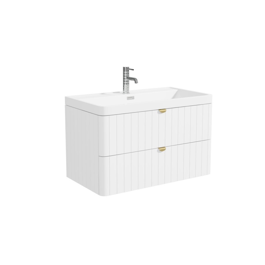 800mm White Wall Hung Vanity Unit with Basin and Brass Handles - Empire - Image 4