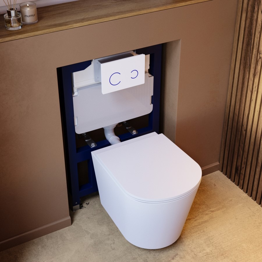 Matt White Wall Hung Rimless Toilet with Soft Close Seat White Glass Sensor Pneumatic Flush Plate 820mm Frame & Cistern - Verona - Image 4
