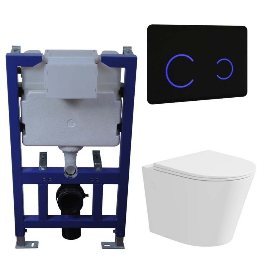 Matt White Wall Hung Rimless Toilet with Soft Close Seat Black Glass Sensor Pneumatic Flush Plate 820mm Frame & Cistern - Verona - Image 4