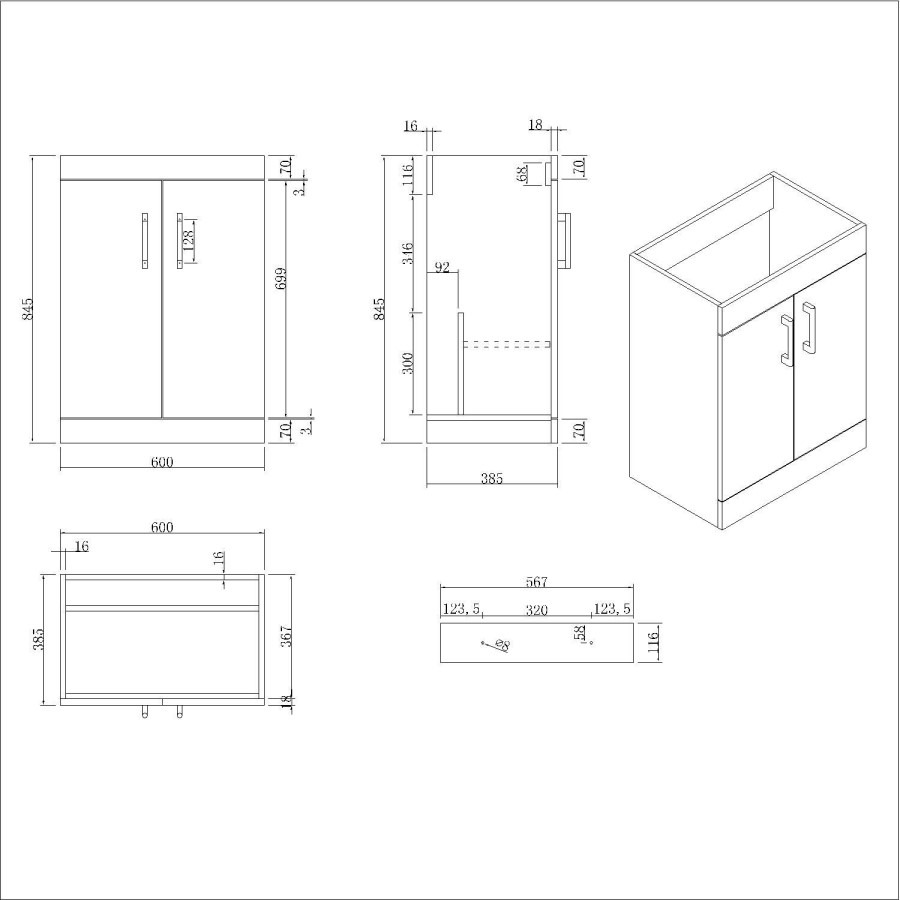 600mm Blue Freestanding Vanity Unit with Basin and Brass Handle - Ashford - Image 4