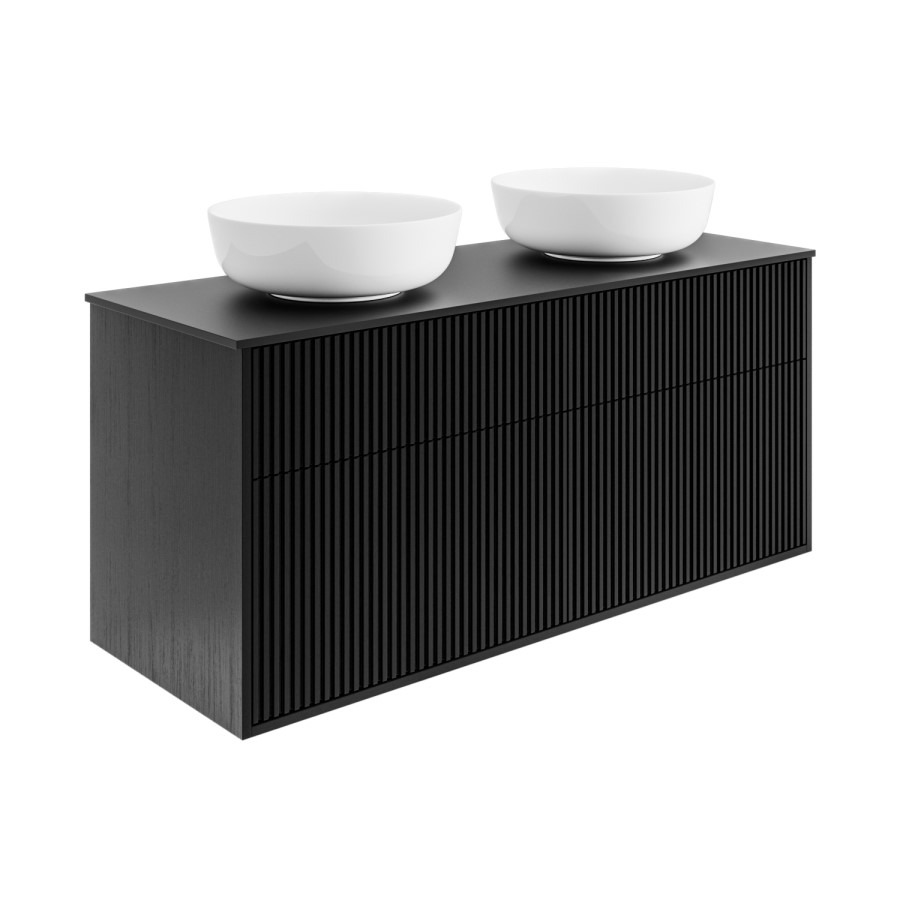 1250mm Black Wooden Fluted Wall Hung Countertop Double Vanity Unit with Round Basin - Matira - Image 4