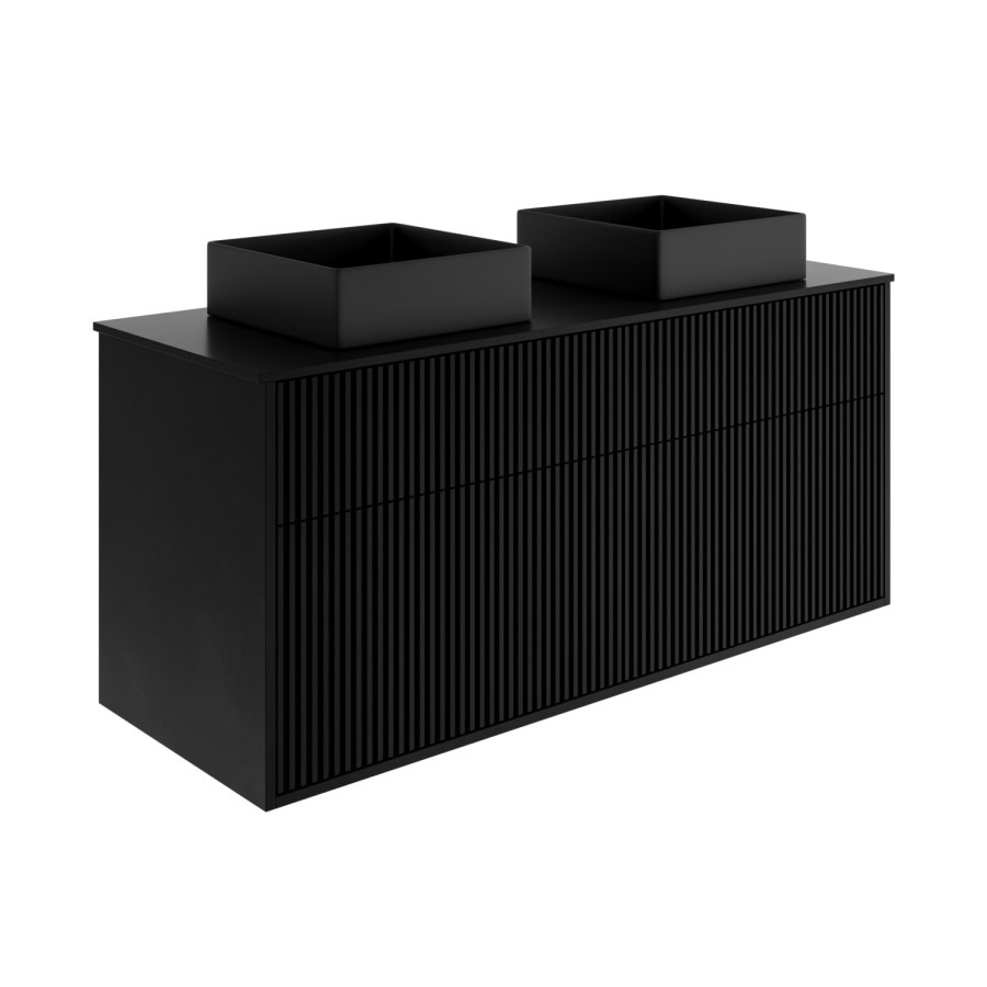 1250mm Black Wooden Fluted Wall Hung Countertop Double Vanity Unit with Black Square Basin - Matira - Image 4
