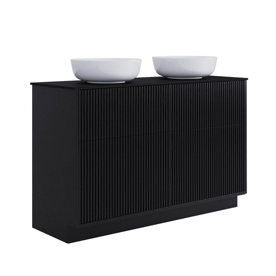 1250mm Black Wooden Freestanding Countertop Double Vanity Unit with Round Basin - Matira - Image 4