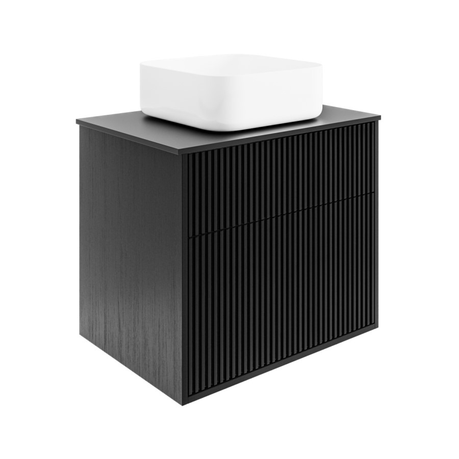650mm Black Wooden Fluted Wall Hung Countertop Vanity Unit with Square Basin - Matira - Image 4