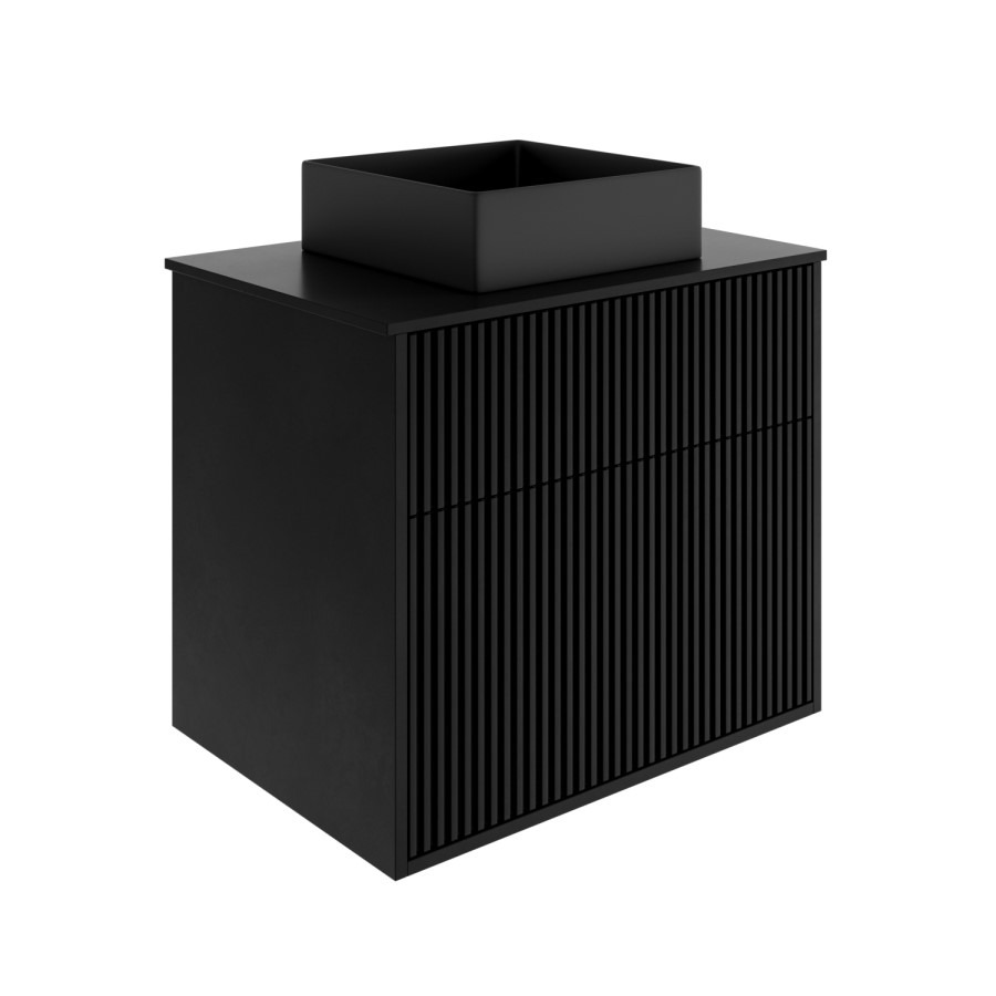 650mm Black Wooden Fluted Wall Hung Countertop Vanity Unit with Black Square Basin - Matira - Image 4