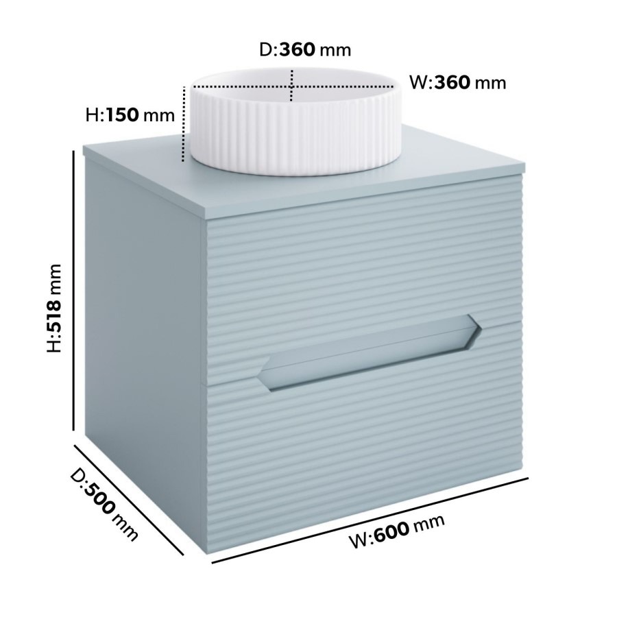 600mm Blue Fluted Wall Hung Countertop Vanity Unit with Basin - Melbourne - Image 4