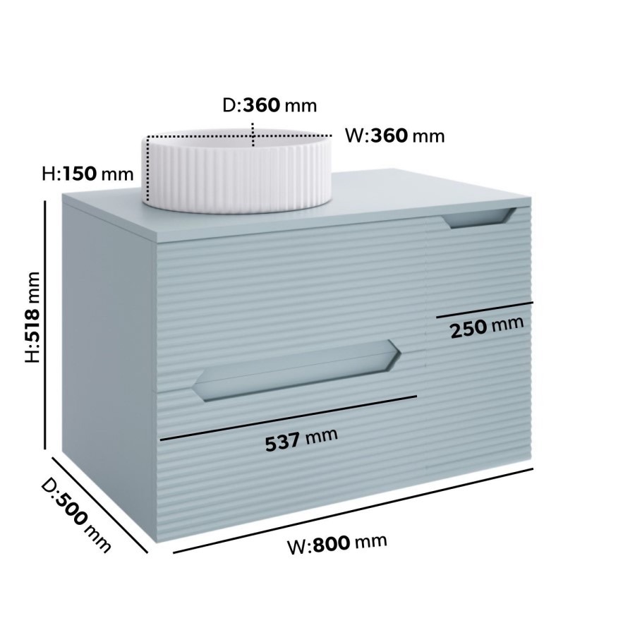 800mm Blue Fluted Wall Hung Countertop Vanity Unit with Basin - Melbourne - Image 4