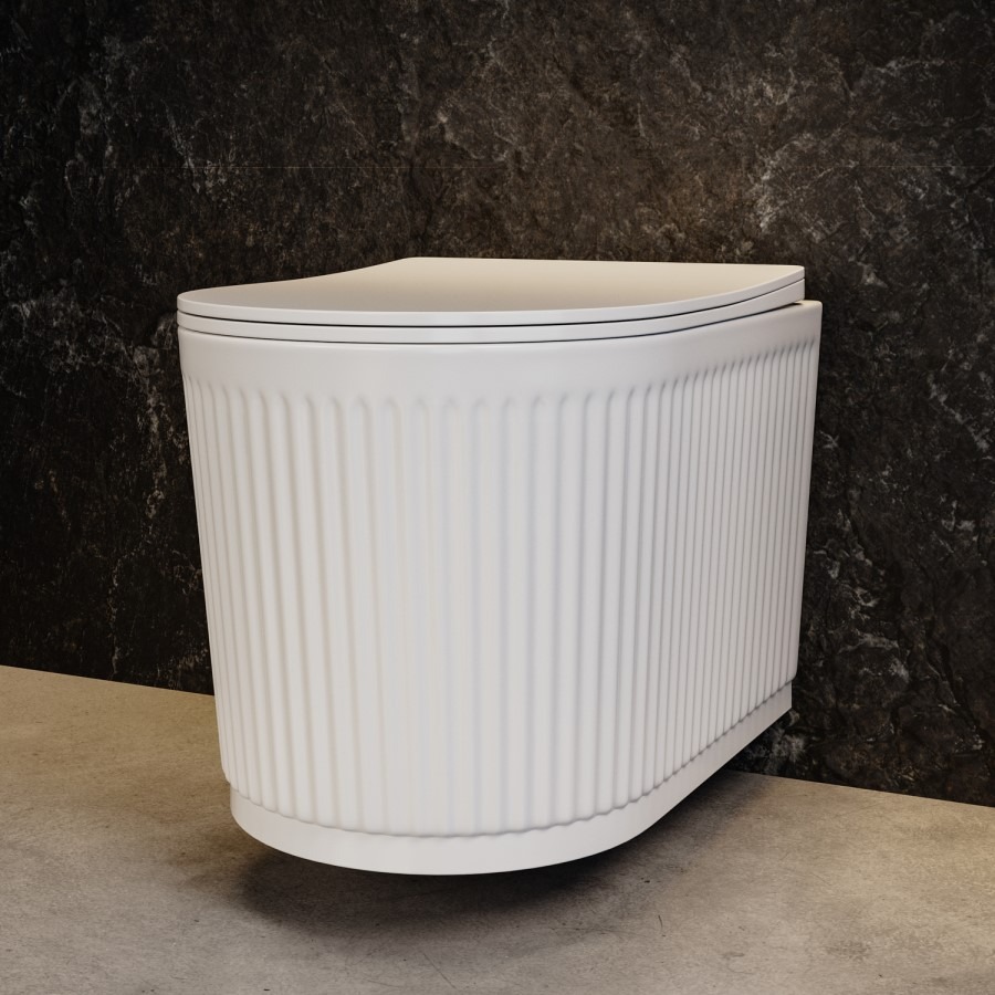 Fluted Wall Hung Toilet with Soft Close Seat, Brushed Brass Mechanical Flush Plate, 1160mm Frame & Cistern - Oregon - Image 4