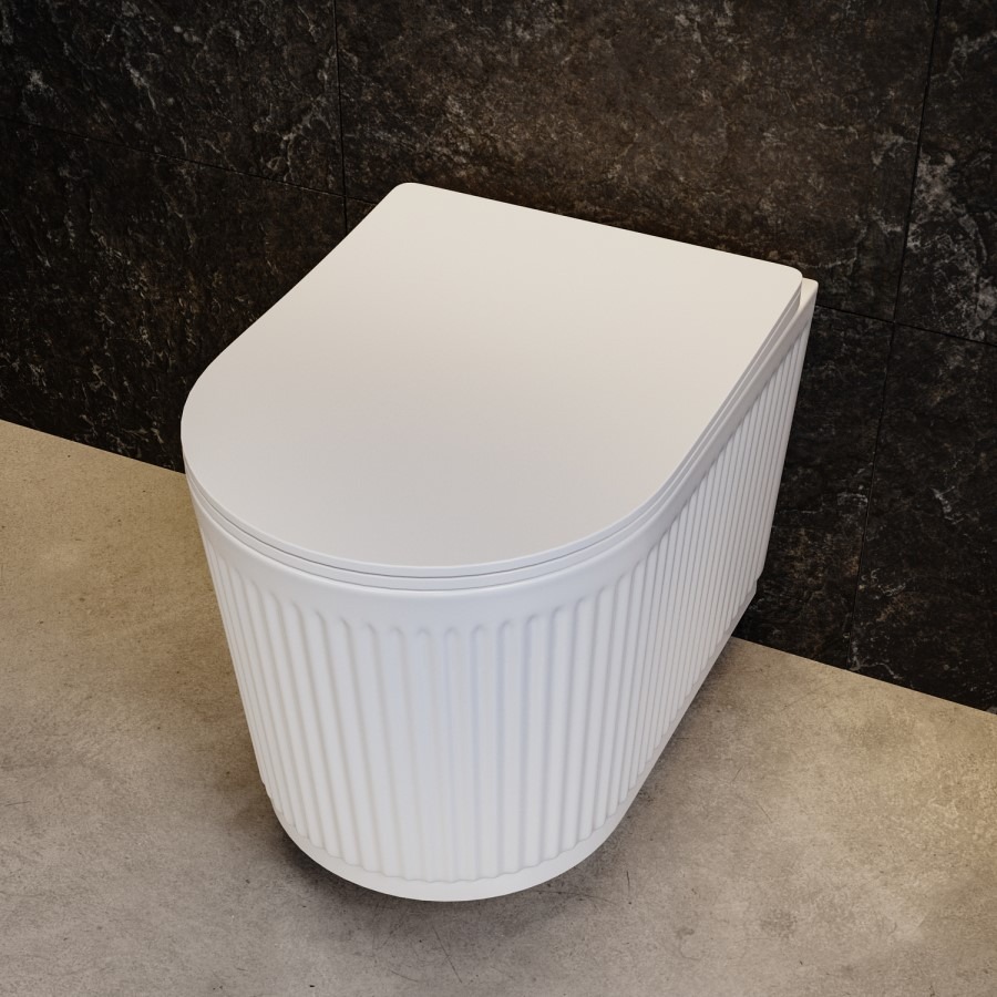 Fluted Wall Hung Toilet with Soft Close Seat, Chrome Pneumatic Flush Plate, 1160mm Frame & Cistern - Oregon - Image 4