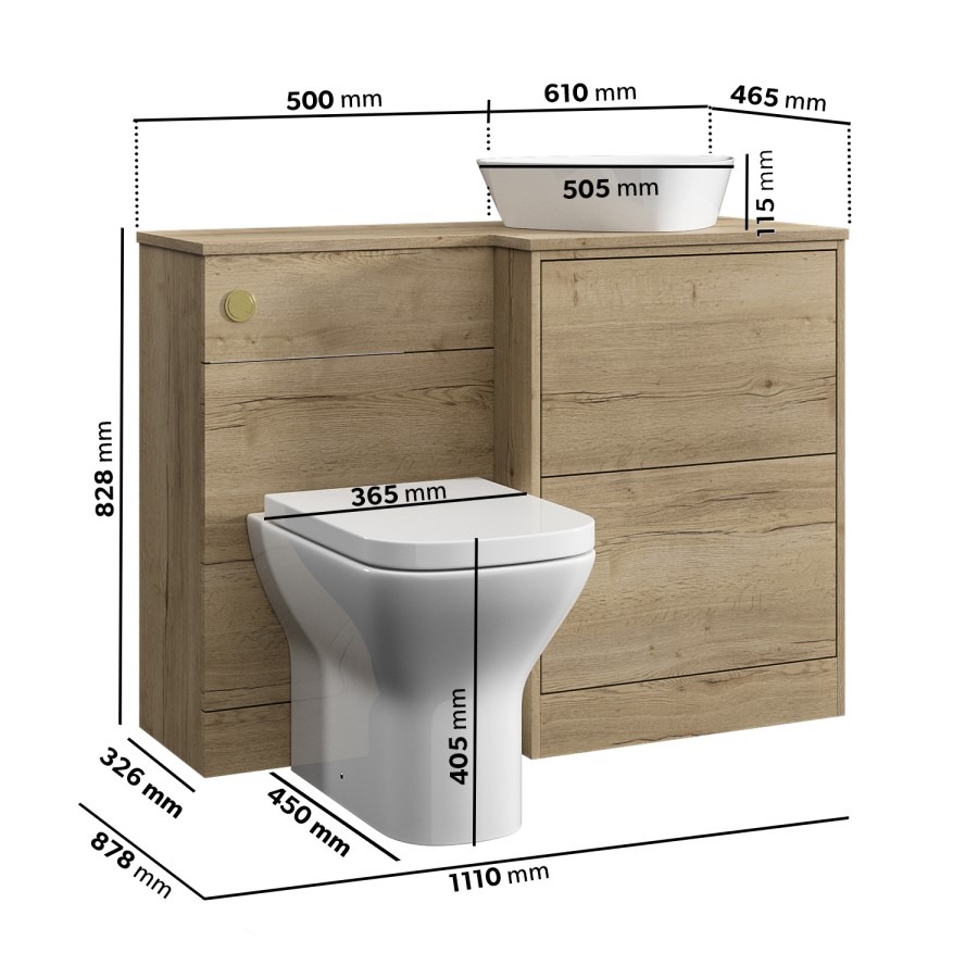 1100mm Wood Effect Right Hand Toilet and Sink Unit with Triangular Basin and Brushed Brass Push Button - Palma - Image 4