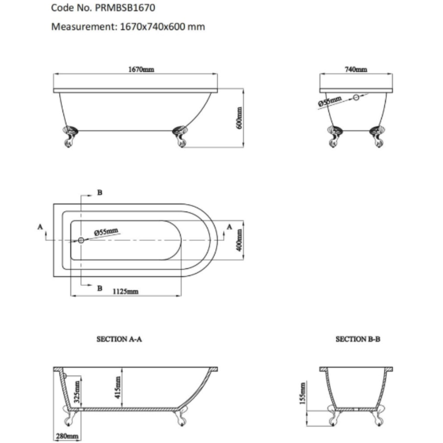 Black Freestanding Single Ended Bath with Black Feet 1670 x 740mm - Park Royal - Image 4
