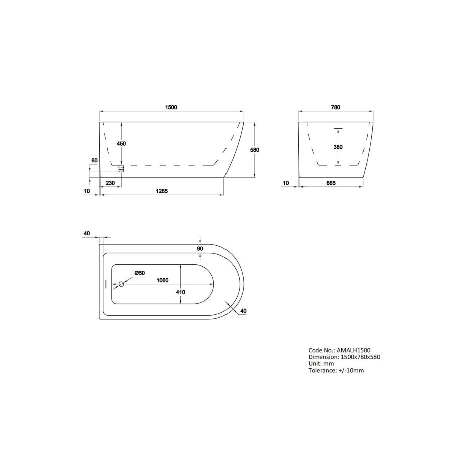 Freestanding Shower Bath Single Ended Left Hand Corner with Brass Bath Screen 1500 x 800mm - Amaro - Image 5