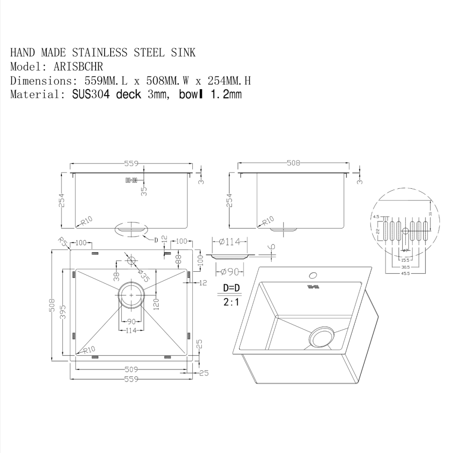 Single Bowl Inset Chrome Stainless Steel Kitchen Sink - Enza Aria - Image 5