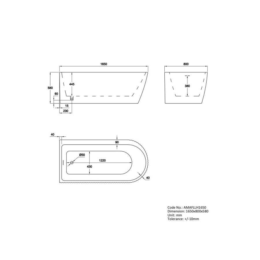 Freestanding Single Ended Left Hand Fluted Corner Bath 1650 x 800mm - Amaro - Image 5