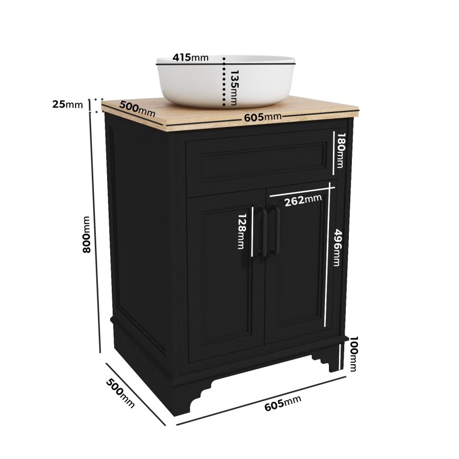 600mm Black Freestanding Countertop Vanity Unit with Basin - Camden - Image 5