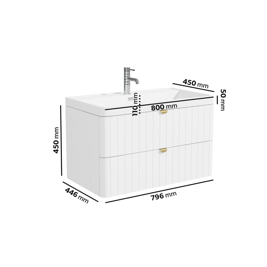 800mm White Wall Hung Vanity Unit with Basin and Brass Handles - Empire - Image 5