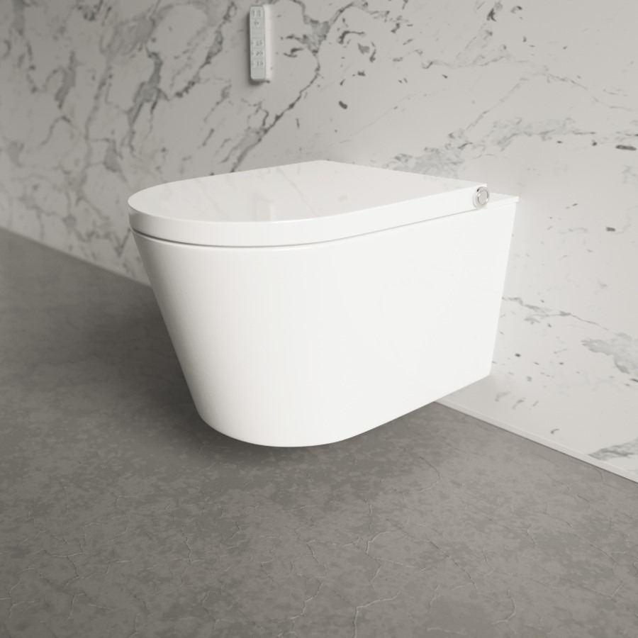 Wall Hung Smart Bidet Japanese Toilet & 1160mm Frame Cistern and Black Pneumatic Flush Plate - Purificare - Image 5