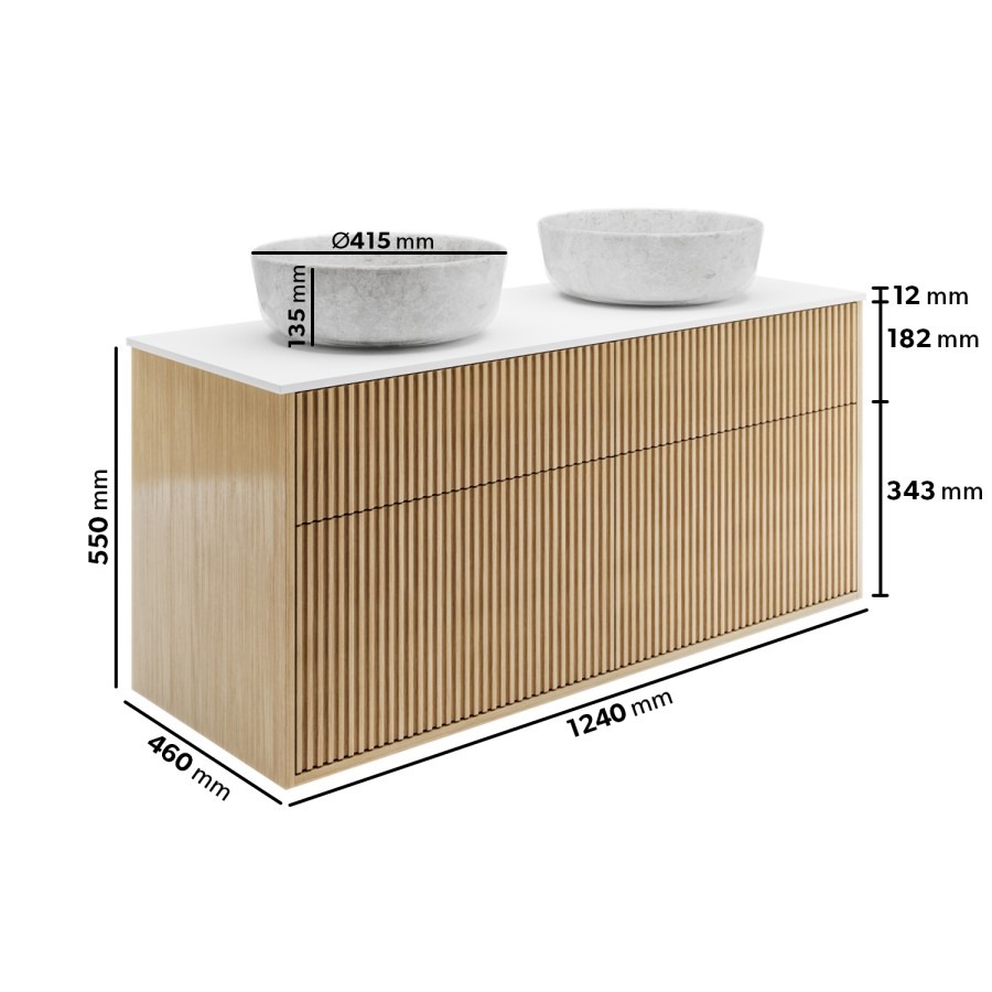 1250mm Wooden Fluted Wall Hung Double Countertop Vanity Unit with Stone Effect Basins - Matira - Image 5