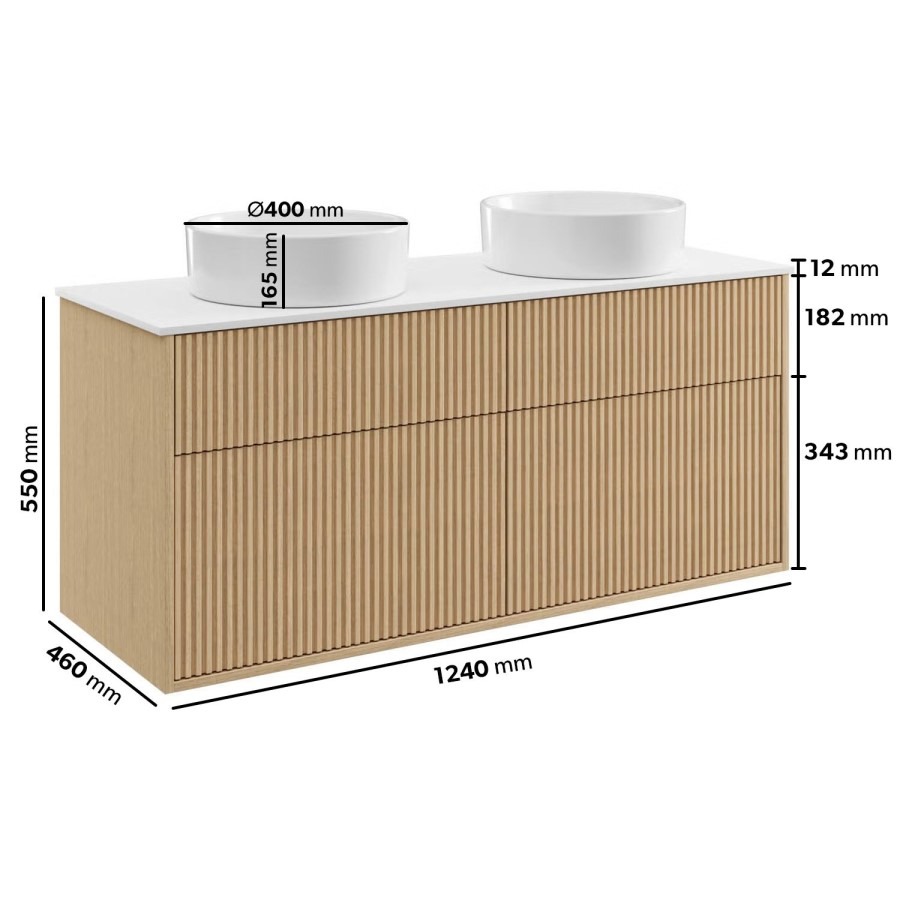 1250mm Wooden Fluted Wall Hung Double Countertop Vanity Unit with Round Basins - Matira - Image 5