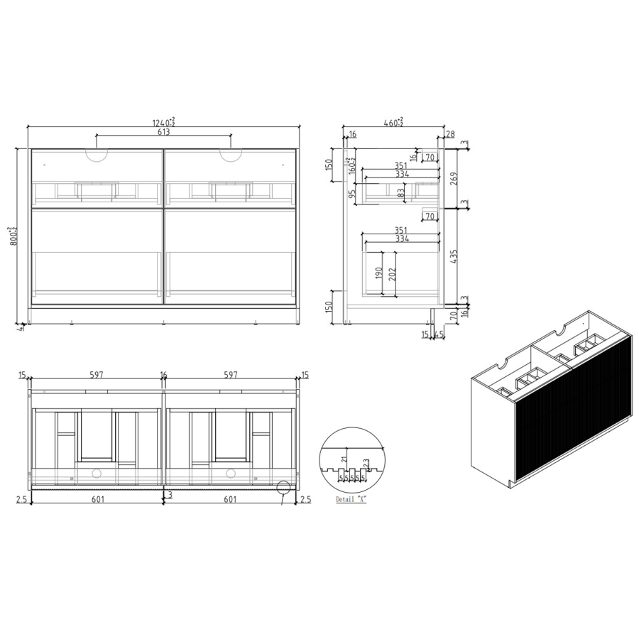 1250mm Black Wooden Freestanding Countertop Double Vanity Unit - Matira - Image 5