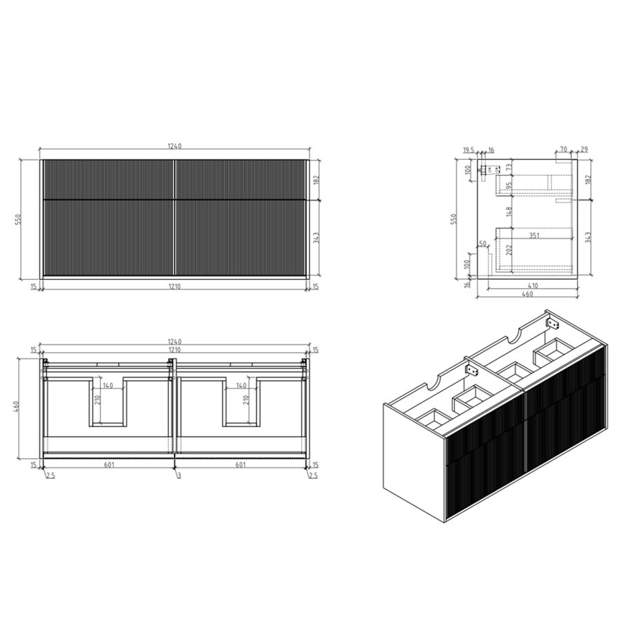 1250mm Black Wooden Fluted Wall Hung Countertop Double Vanity Unit with Black Square Basin - Matira - Image 5