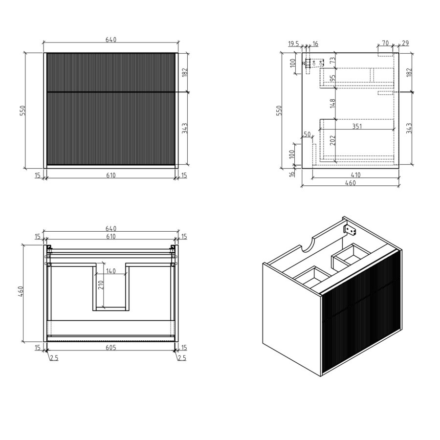650mm Black Wooden Fluted Wall Hung Countertop Vanity Unit with Black Square Basin - Matira - Image 5