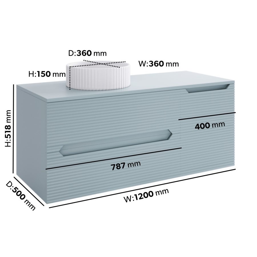 1200mm Blue Fluted Wall Hung Countertop Vanity Unit with Basin - Melbourne - Image 5
