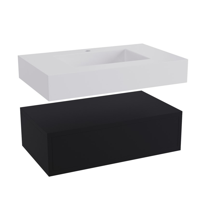 600mm Black Wall Hung Vanity Unit with Rectangular Basin - Oslo - Image 3