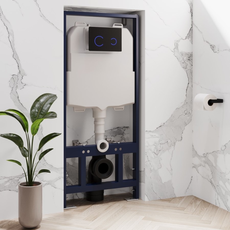 Palma Wall Hung Toilet 1160mm Pneumatic Frame & Cistern & Black Glass Flush Plate - Image 5