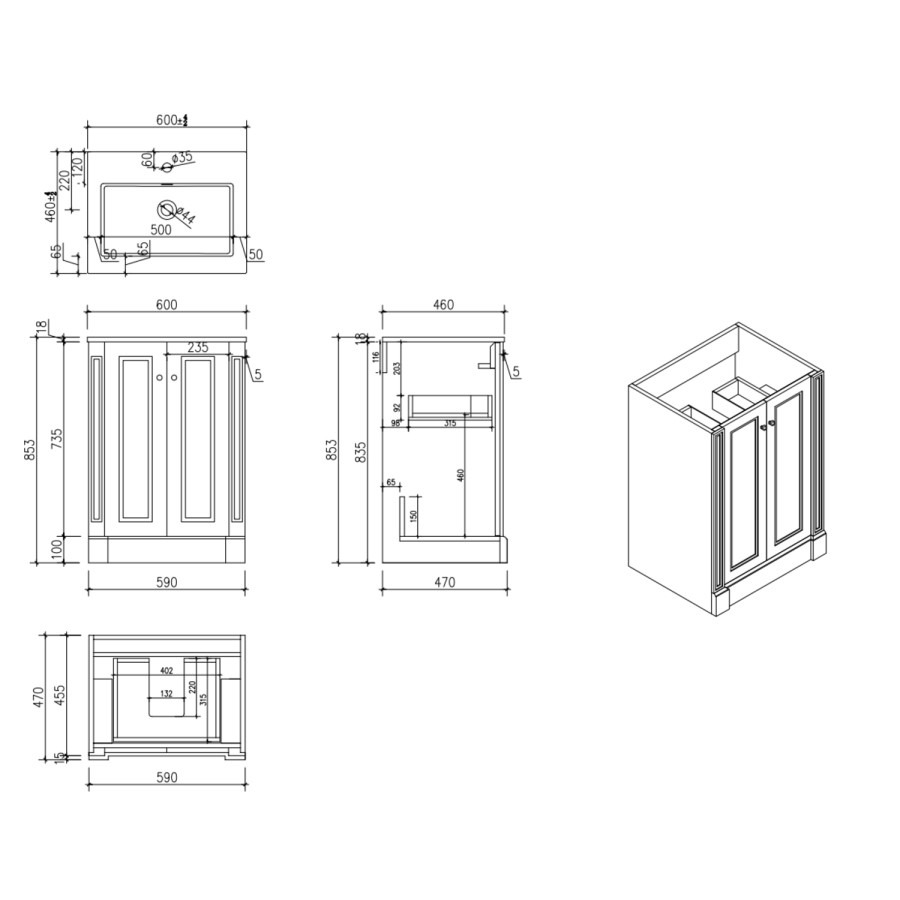 600mm Beige Freestanding Vanity Unit with Basin - Windsor - Image 5