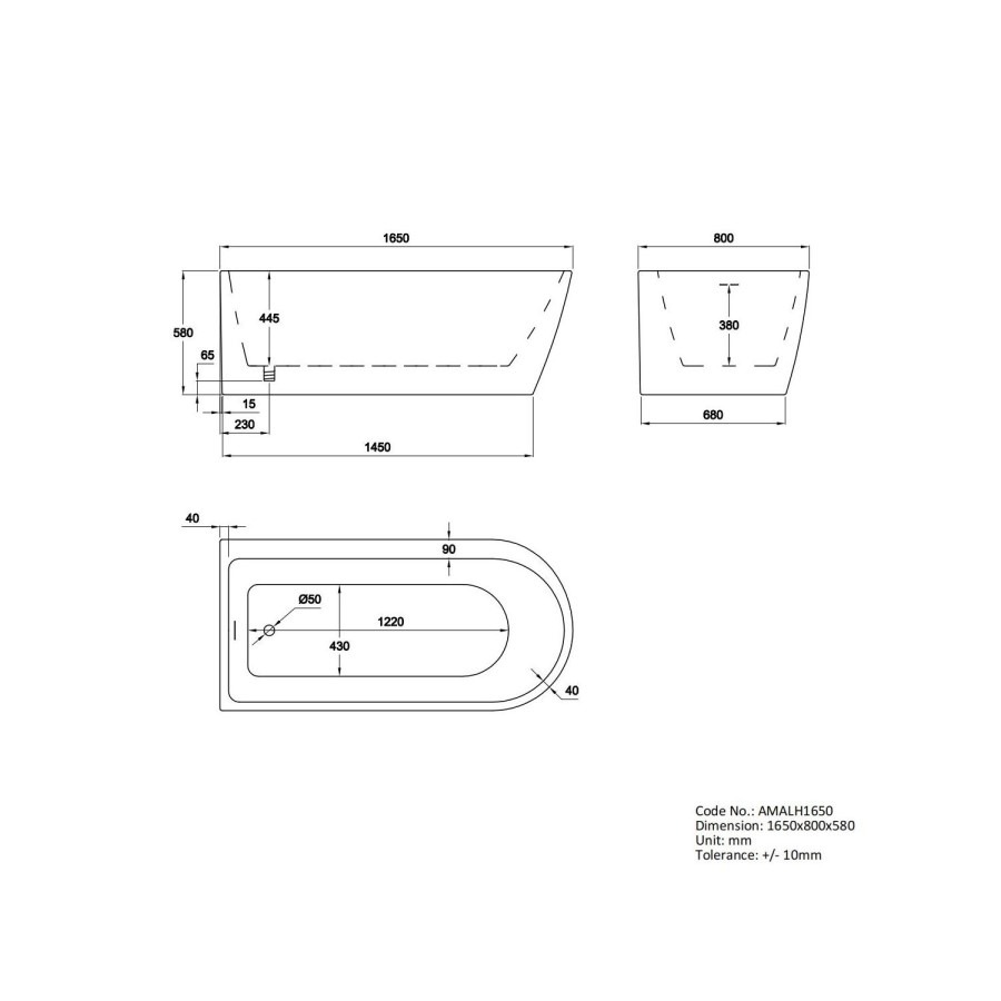 Freestanding Shower Bath Single Ended Left Hand Corner with Brass Bath Screen 1650 x 800mm - Amaro - Image 6