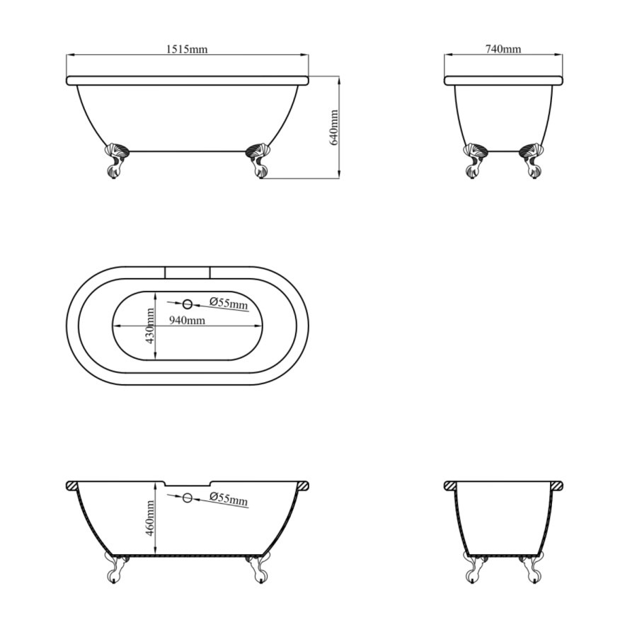 Freestanding Double Ended Roll Top Bath with Chrome Feet 1515 x 740mm - Park Royal - Image 6