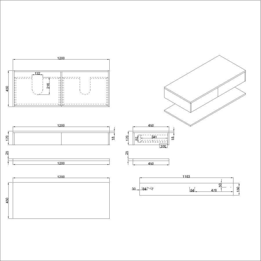 1200mm Green Wall Hung Countertop Double Vanity Unit with Black Basins and Shelf - Lugo - Image 6