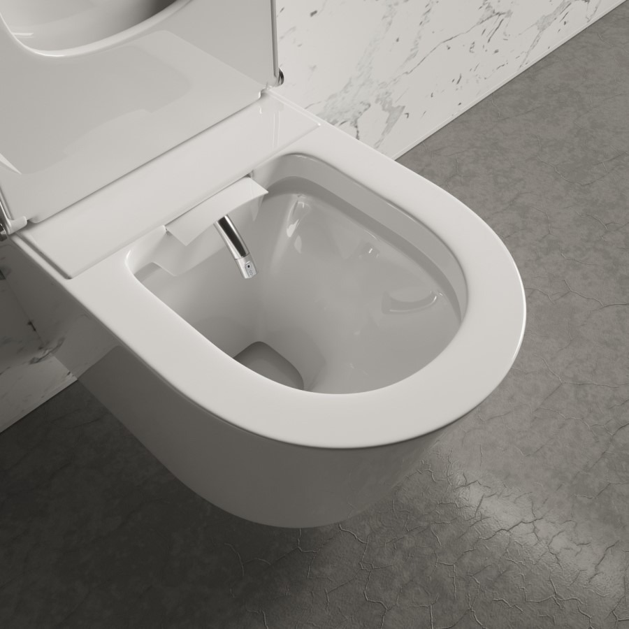 Wall Hung Smart Bidet Japanese Toilet & 1160mm Frame Cistern and Black Pneumatic Flush Plate - Purificare - Image 6