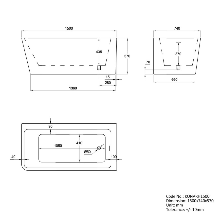 Freestanding Shower Bath Single Ended Right Hand Corner with Chrome Bath Screen 1500 x 740mm - Kona - Image 6