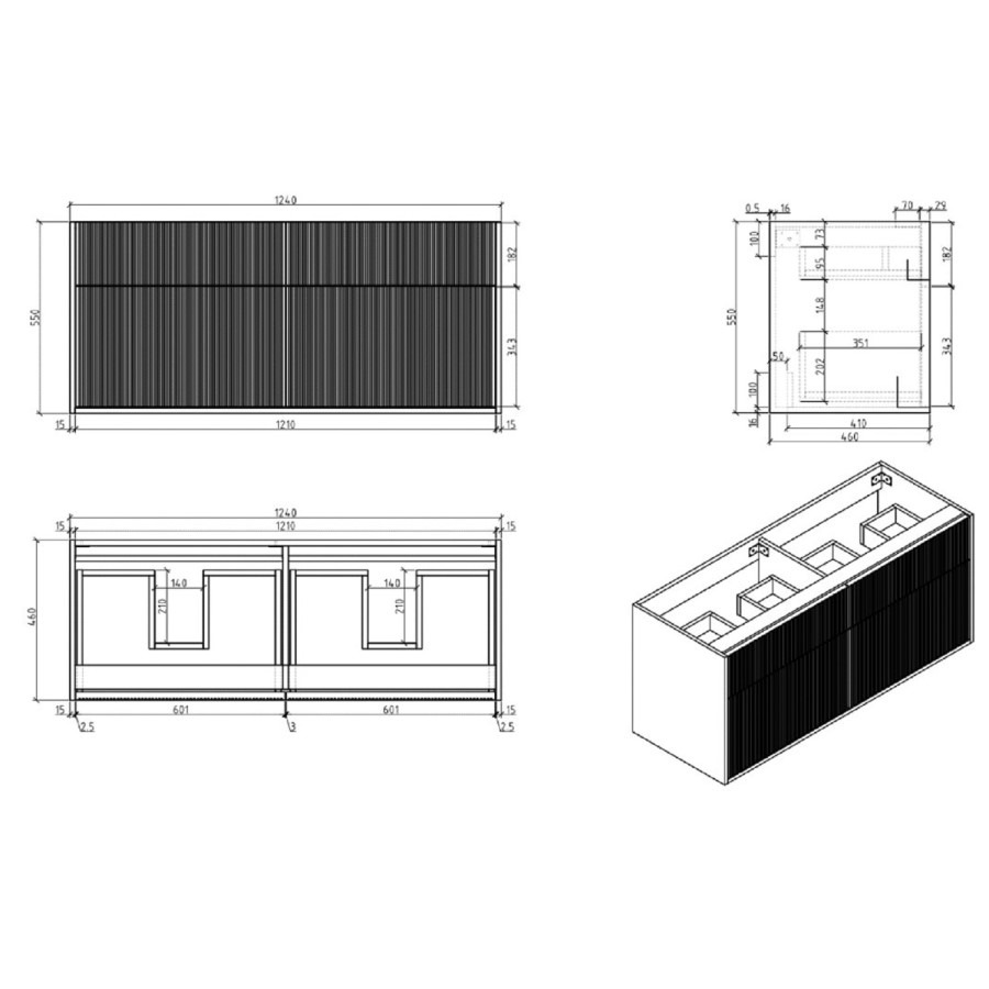 1250mm Wooden Fluted Wall Hung Double Countertop Vanity Unit with Round Basins - Matira - Image 6