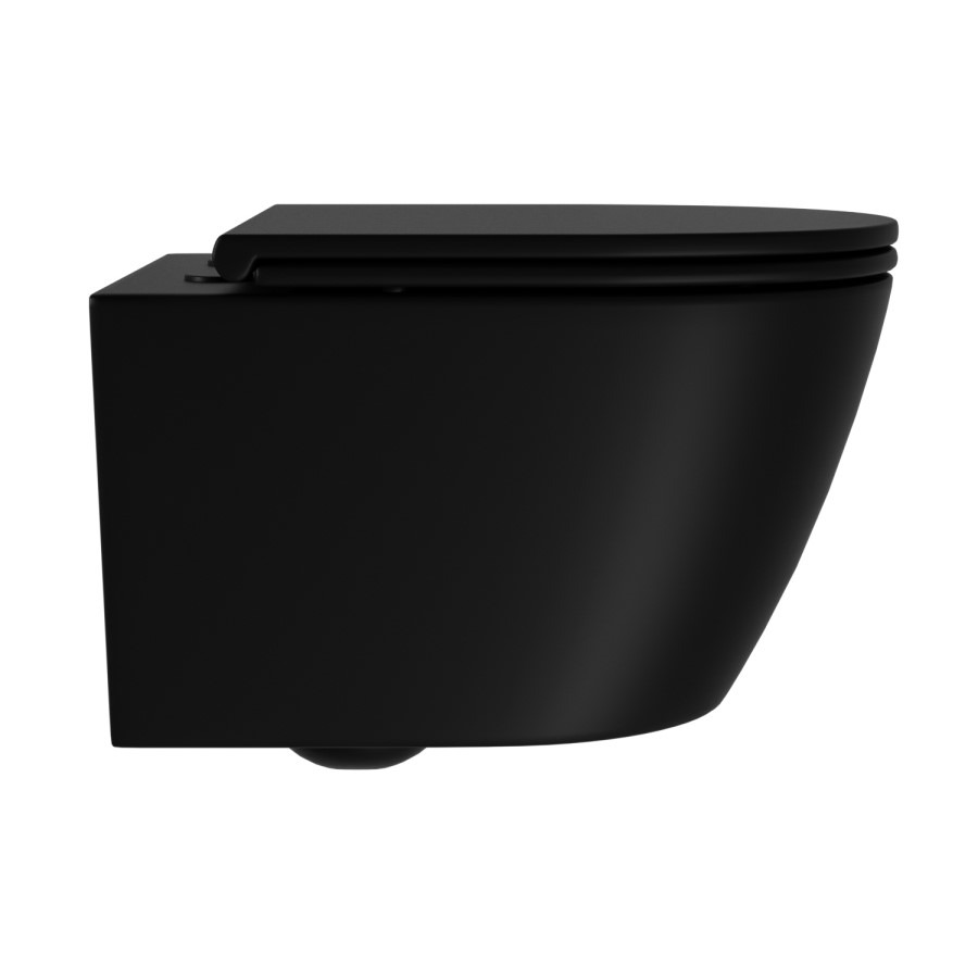 Matt Black Wall Hung Rimless Toilet with Soft Close Seat, Black Glass Sensor Pneumatic Flush Plate, 820mm Frame & Cistern - Newport - Image 6