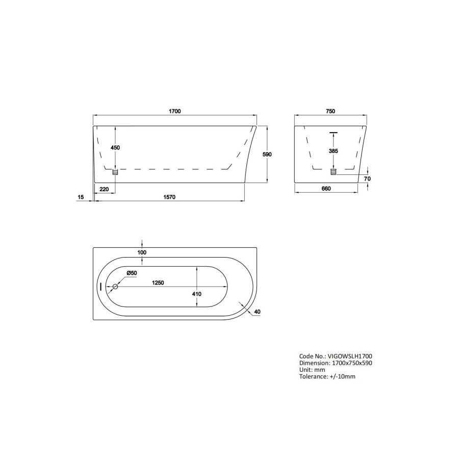 Freestanding Shower Bath Single Ended Left Hand Corner with Brushed Brass Bath Screen 1700 x 750mm - Vigo - Image 6