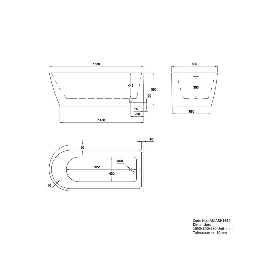 Freestanding Single Ended Right Hand Corner Shower Bath with Black Bath Screen 1650 x 800mm - Amaro - Image 7