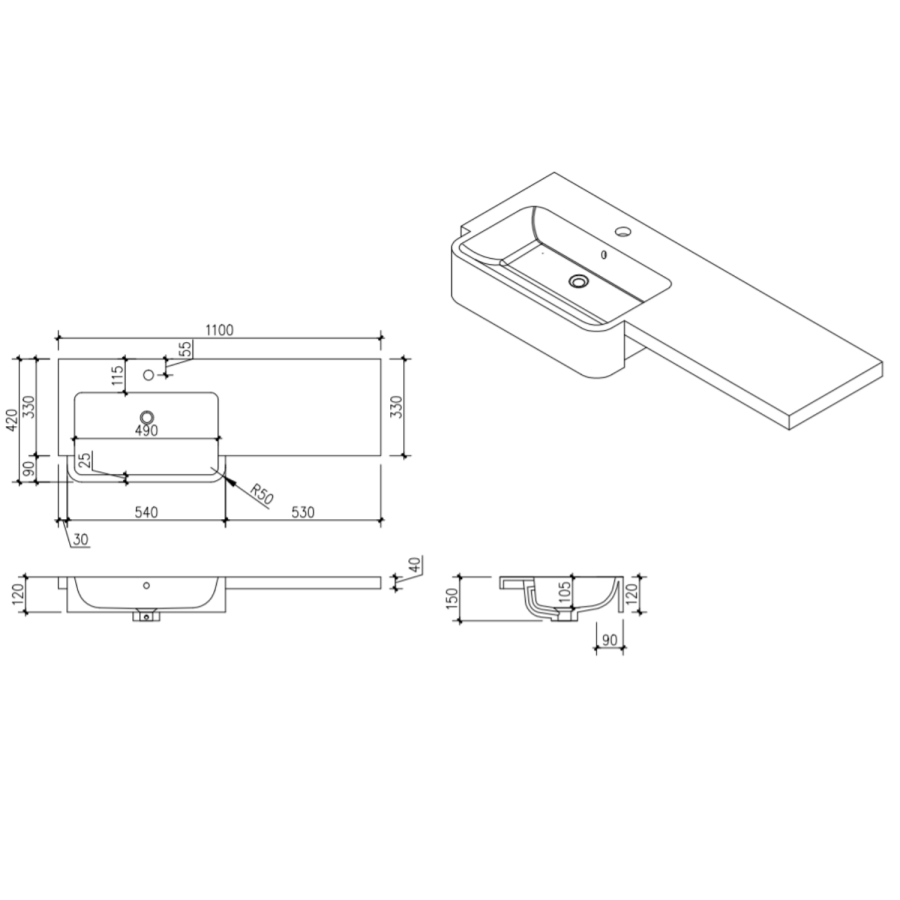 1100mm Grey Right Hand Toilet and Sink Unit with Brass Fittings - Unit & Basin Only - Bali - Image 7