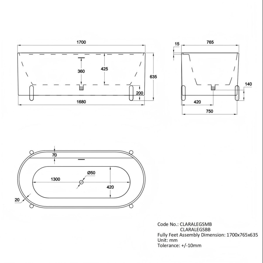 Matt White Freestanding Double Ended Bath with Ledge and Black Feet 1700 x 765mm - Clara - Image 7