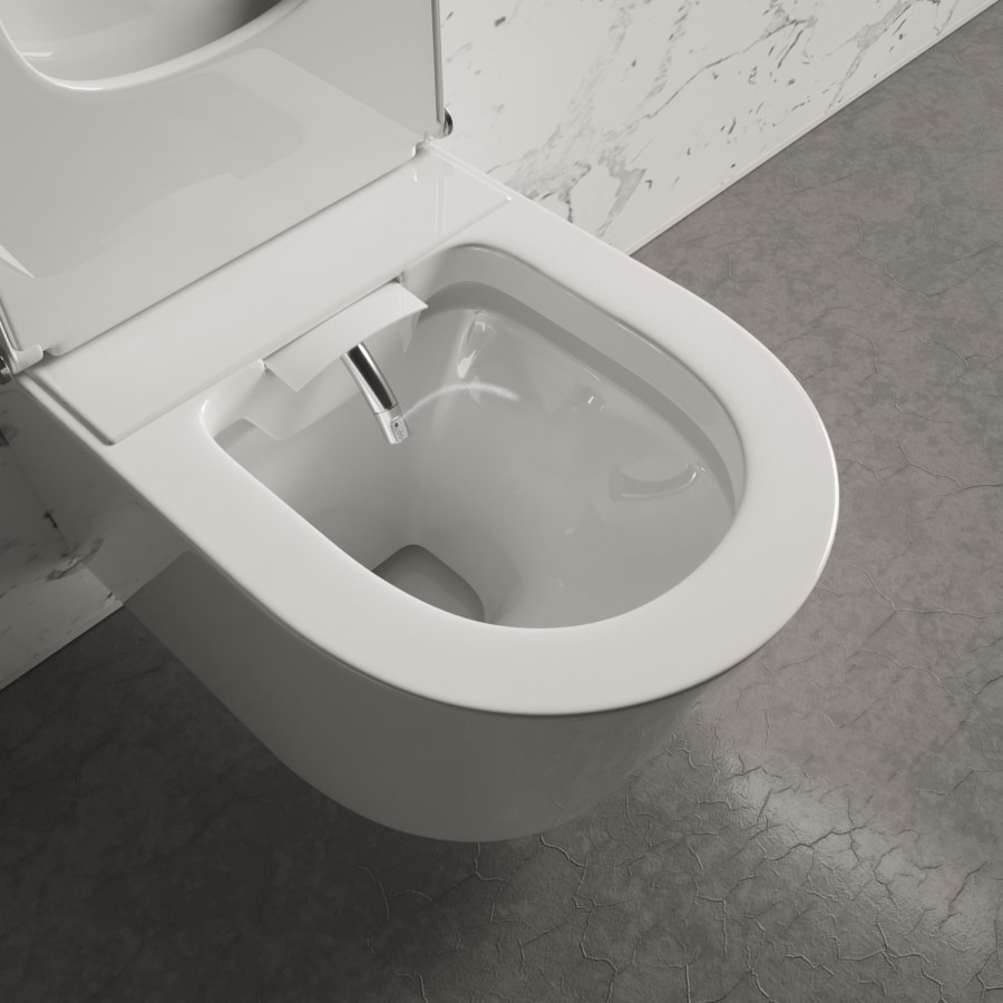 Wall Hung Smart Bidet Japanese Toilet & 1160mm Frame Cistern and Black Pneumatic Flush Plate - Purificare - Image 7