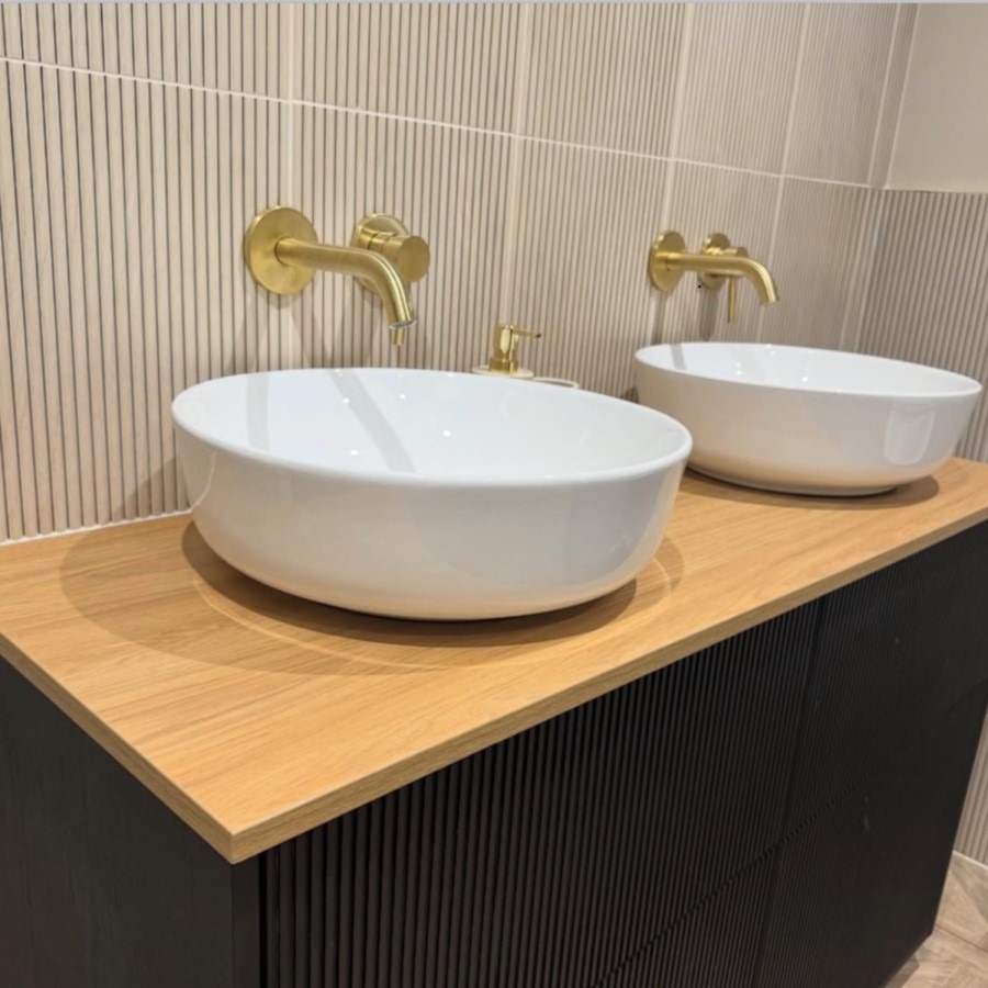1250mm Black Wooden Freestanding Countertop Double Vanity Unit with Wood Effect Worktop and Round Basin - Matira - Image 7