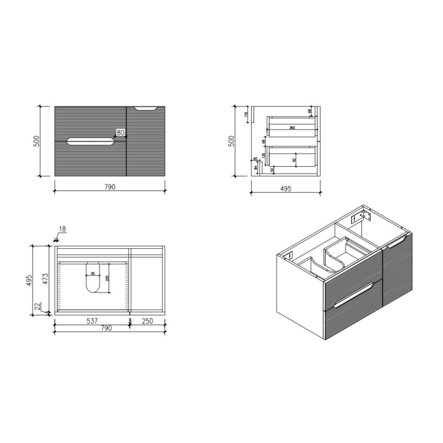 800mm Blue Fluted Wall Hung Countertop Vanity Unit with Basin - Melbourne - Image 7