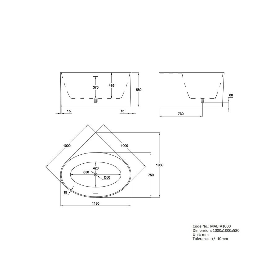 Freestanding Double Ended Small Round Corner Bath 1000 x 1000mm - Malta - Image 7