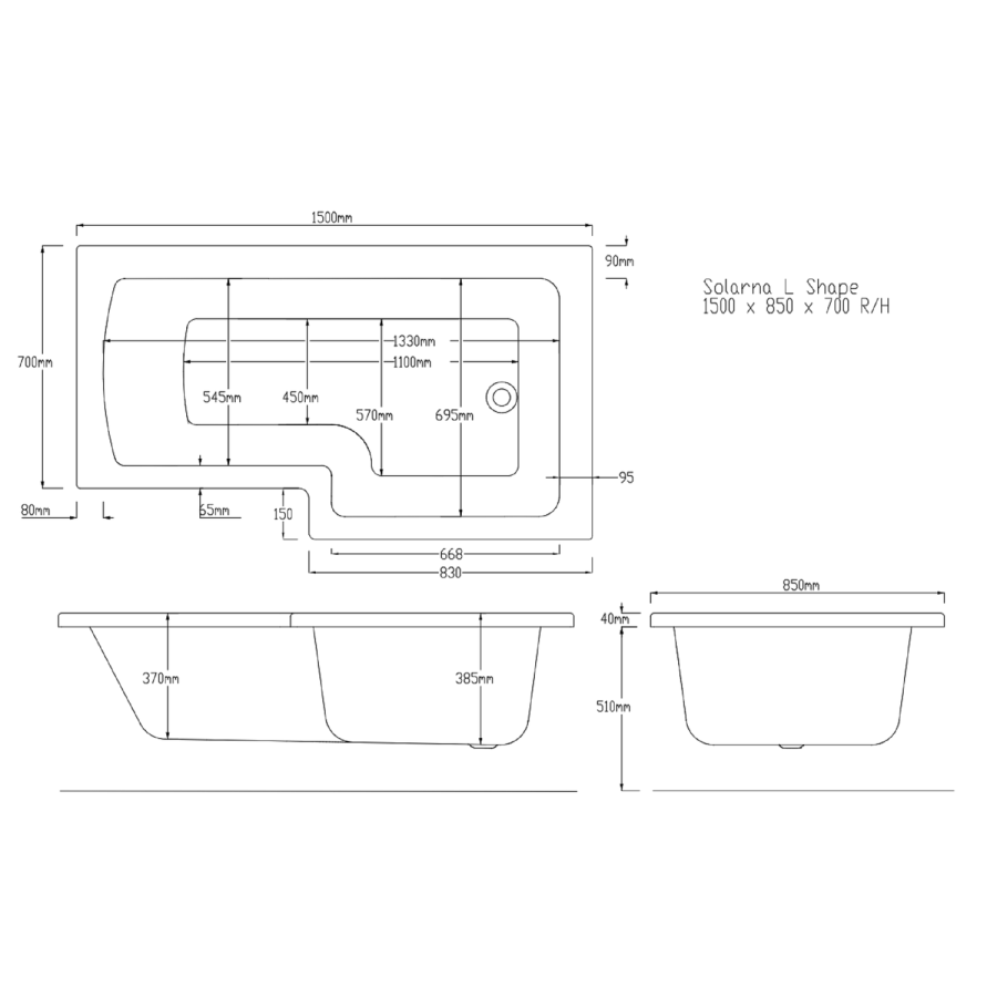 L Shape Shower Bath Left Hand with Front Panel & Chrome Bath Screen 1500 x 850mm - Lomax - Image 8