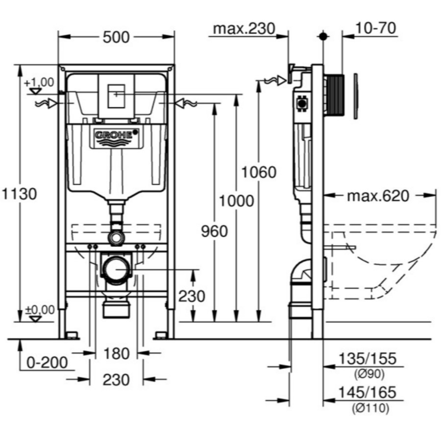 Wall Hung Smart Bidet Japanese Toilet & Grohe Frame Cistern and Chrome Flush Plate - Purificare - Image 8